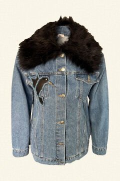 Deri Üzeri Kuş Figürlü Kürk Yaka Detaylı Jean Ceket