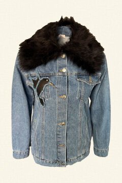 Fur Collar Detailed Jean Jacket with Bird Figures on Leather
