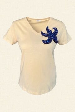 Cream Color V-Neck T-Shirt with Blue Starfish Embroidery