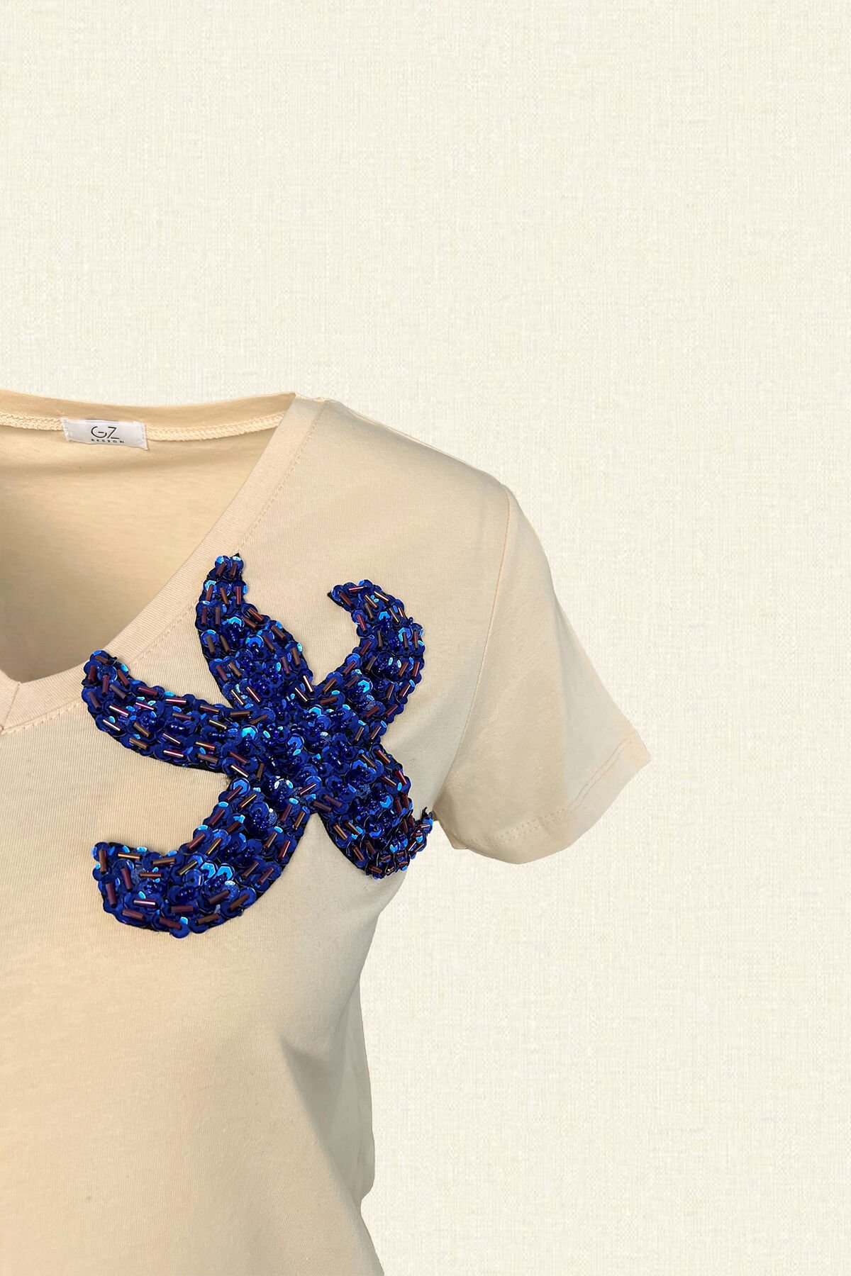 Cream Color V-Neck T-Shirt with Blue Starfish Embroidery