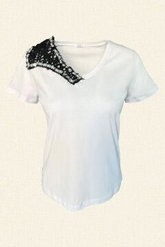 Beaded Embroidered Black Tulle Detailed White Color V-Neck T-Shirt