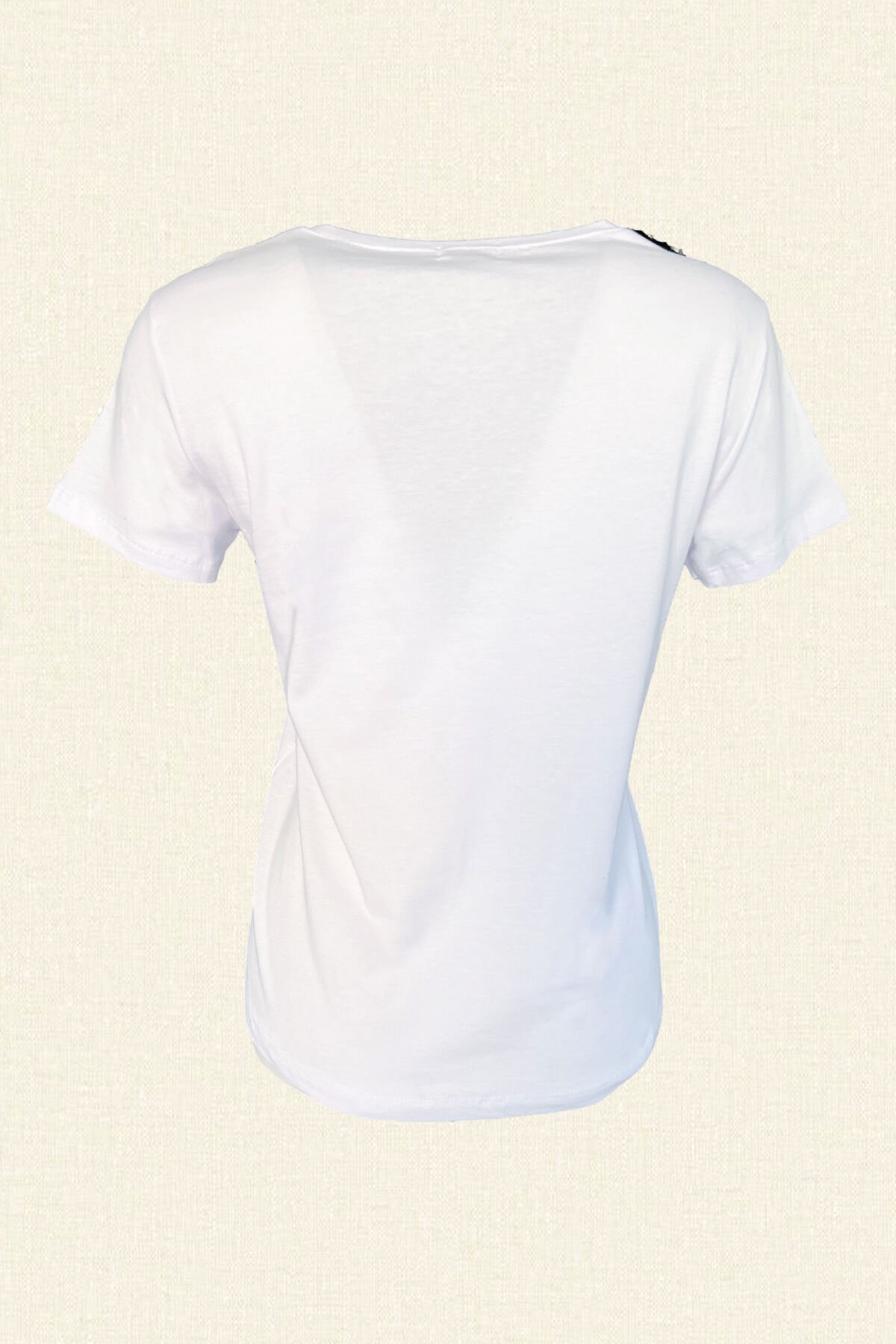 Beaded Embroidered Black Tulle Detailed White Color V-Neck T-Shirt
