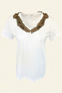 V-Neck Basic White T-Shirt with Bead Embroidery on Green Tulle