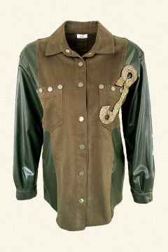 Gold Safety Pin Embroidered Sleeves Leather Detail Green Jean Jacket