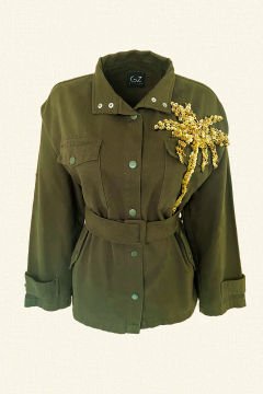 Gold Palmiye İşlemeli Yeşil Jean Ceket
