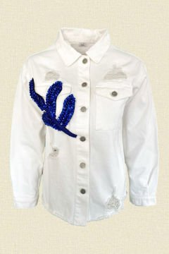 Mavi Yaprak İşlemeli Beyaz Oversize Jean Ceket