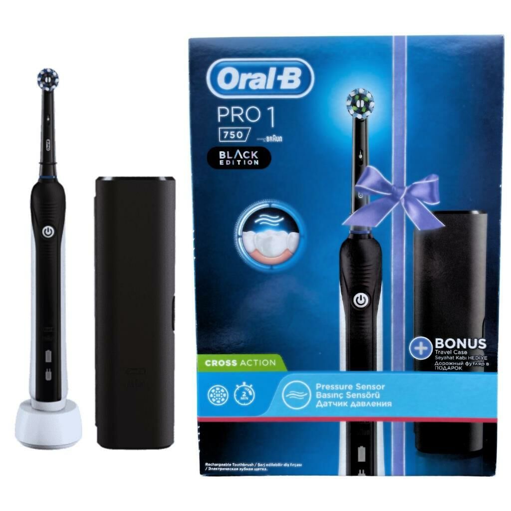 Oral-B Pro 1 750 Cross Action Siyah Şarj Edilebilir Diş Fırçası + Seyahat Kabı