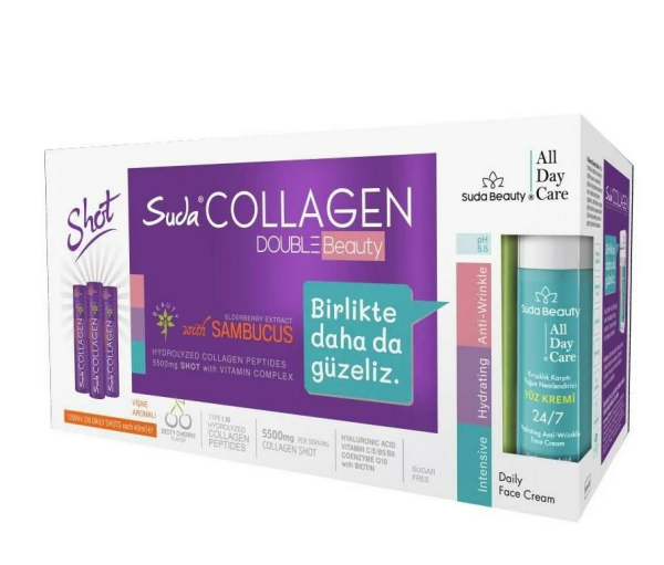 Suda Collagen Double Beauty Vişne Aromalı  40 ml x 30 Shot + All Day Care Yüz Kremi 50 ml
