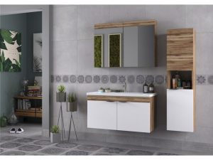 BİANİ FETHİYE BANYO DOLABI 100 CM VİOLİN MAT BEYAZ +100 CM LAVABO