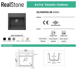 Real Stone K004 Olympos Granit Eviye Gri 56 x 53 Cm