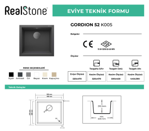 REAL STONE K005 GORDION 52 GRANİT EVİYE