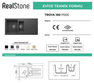 REAL STONE TROYA100 GRANİT EVİYE P005 ANTRASİT