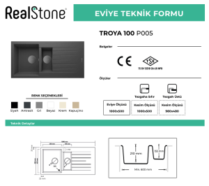REAL STONE TROYA100 GRANİT EVİYE P005 BEYAZ