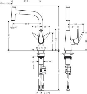 Hansgrohe Talis S Tek kollu eviye bataryası 220, açma-kapama valfi ile