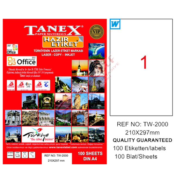 Tanex Laser Etiket 100 YP 210x297 Laser-Copy-Inkjet TW-2000