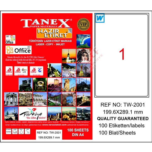 Tanex Laser Etiket 100 YP 199.6x289.1 Laser-Copy-Inkjet TW-2001