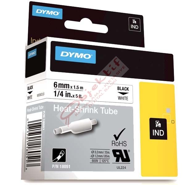 Dymo Rhinopro Isıyla Küçülen Şerit 6 MMx1,5 M Beyaz/Siyah 18051