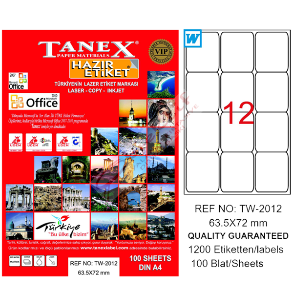 Tanex Laser Etiket 100 YP 63x72 MM Laser-Copy-Inkjet TW-2012
