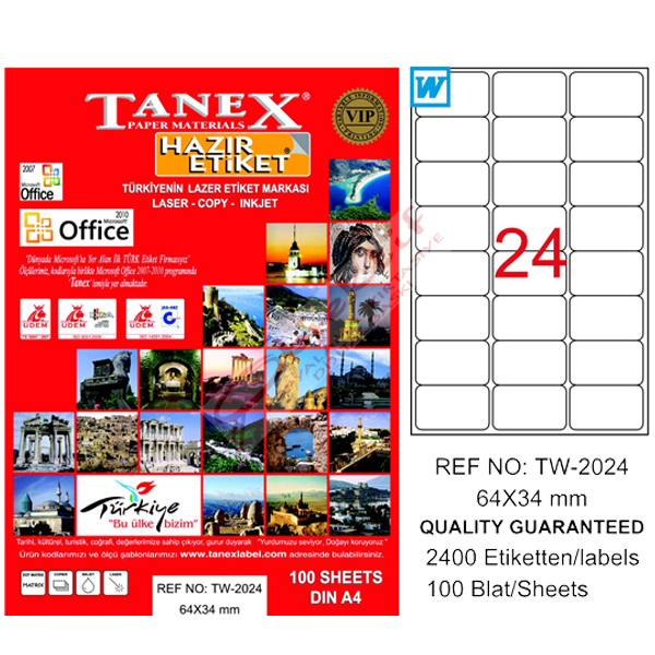 Tanex Laser Etiket 100 YP 64x34 Laser-Copy-Inkjet TW-2024