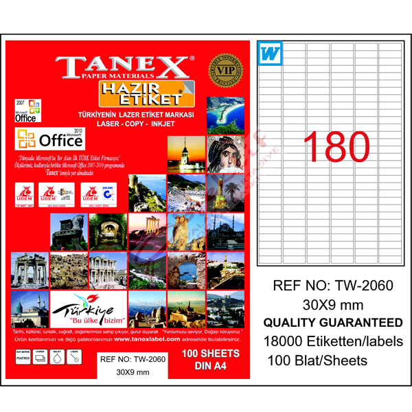 Tanex Laser Etiket 100 YP 30x9 Laser-Copy-Inkjet TW-2060