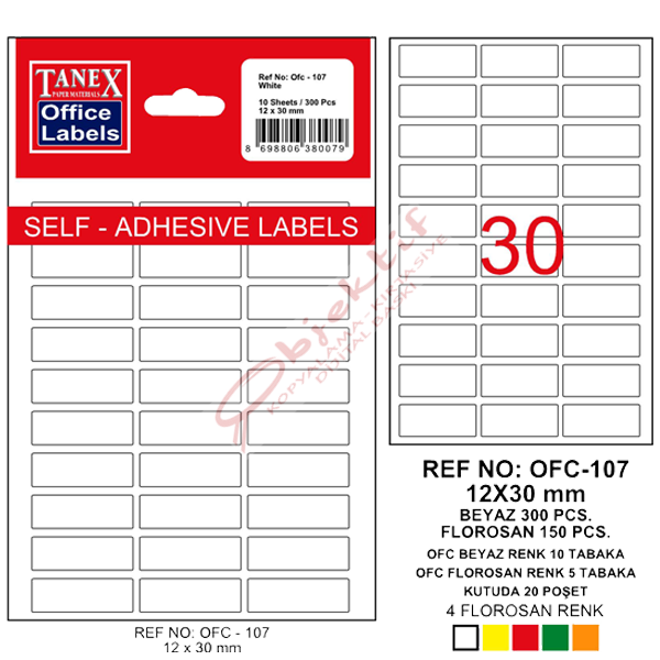 Tanex Ofis Etiketi Poşetli 12x30 MM Beyaz OFC-107