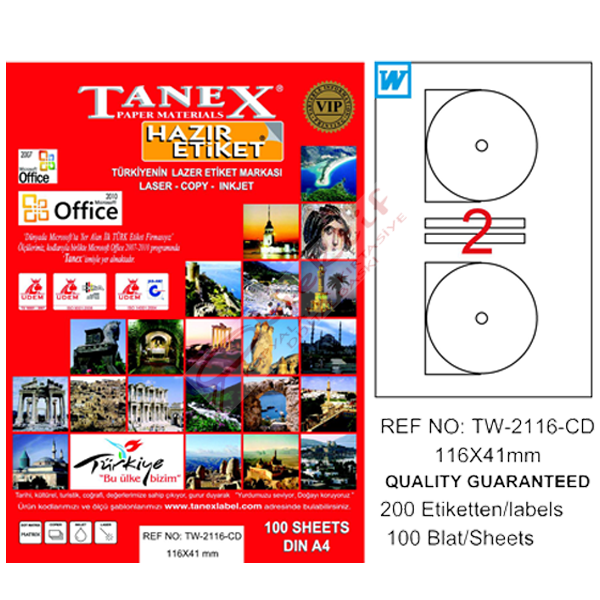 Tanex Cd Etiketi Laser-Copy-Inkjet 100 YP 116x41 MM TW-2116