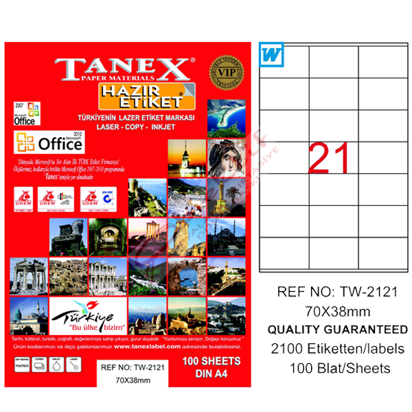 Tanex Laser Etiket 100 YP 70x38 Laser-Copy-Inkjet TW-2121