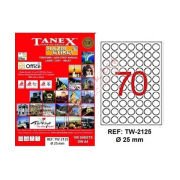 Tanex Laser Etiket 100 YP 0.25 MM Laser-Copy-Inkjet Yuvarlak TW-2125