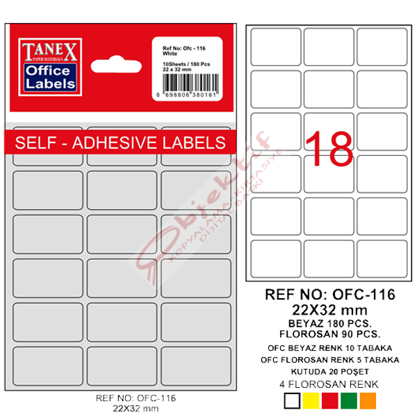 Tanex Ofis Etiketi Poşetli 22x32 MM Beyaz OFC-116
