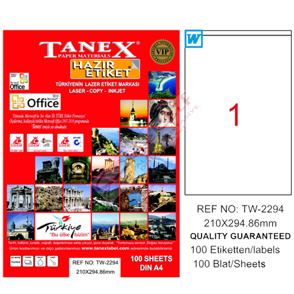 Tanex Laser Etiket 100 YP 210x294,86 Laser-Copy-Inkjet TW-2294