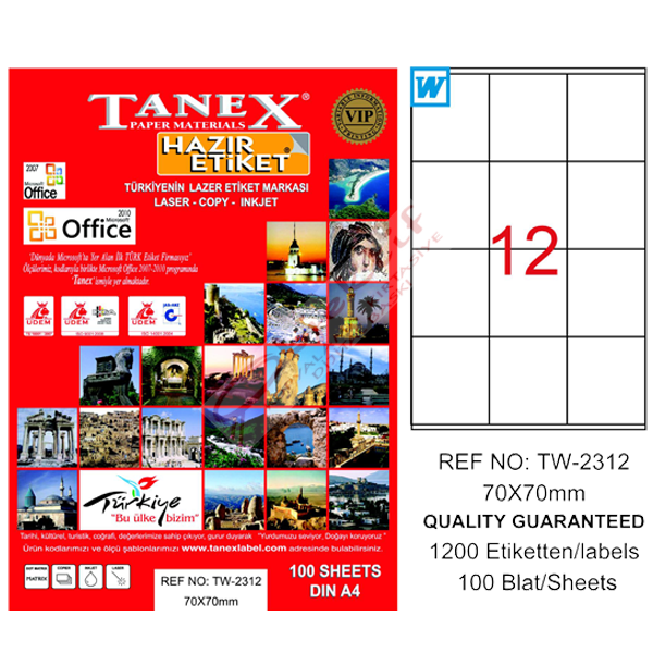 Tanex Laser Etiket 100 YP 70x70 Laser-Copy-Inkjet TW-2312