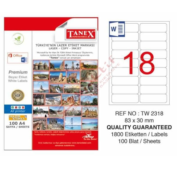 Tanex Laser Etiket 100 YP 83x30 Laser-Copy-Inkjet TW-2318