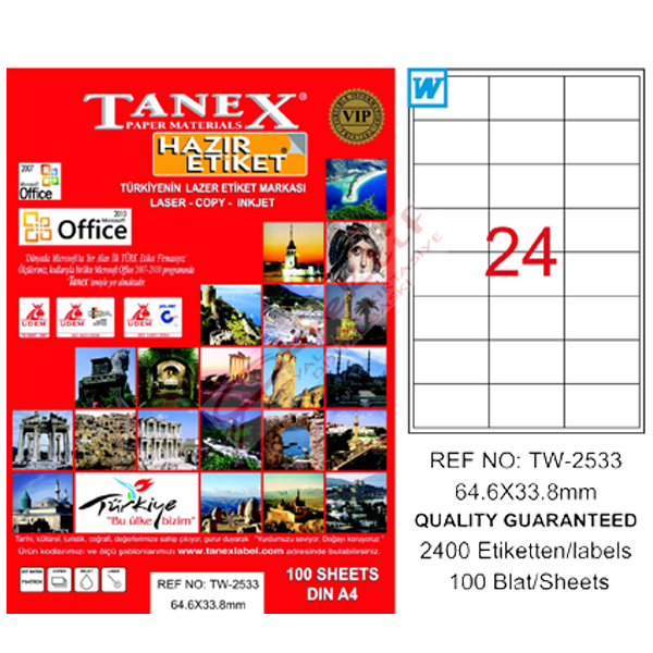Tanex Laser Etiket 100 YP 64x33 MM Laser-Copy-Inkjet TW-2533