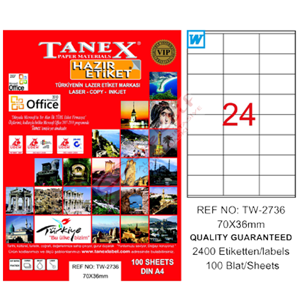 Tanex Laser Etiket 100 YP 70x36 Laser-Copy-Inkjet TW-2736