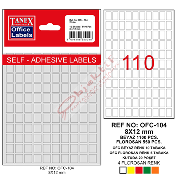 Tanex Ofis Etiketi Poşetli 8x12 MM Beyaz OFC-104
