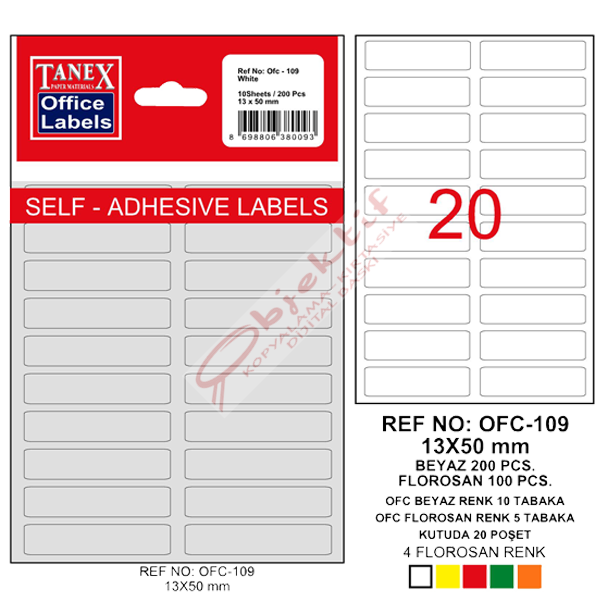 Tanex Ofis Etiketi Poşetli 13x50 MM Beyaz OFC-109