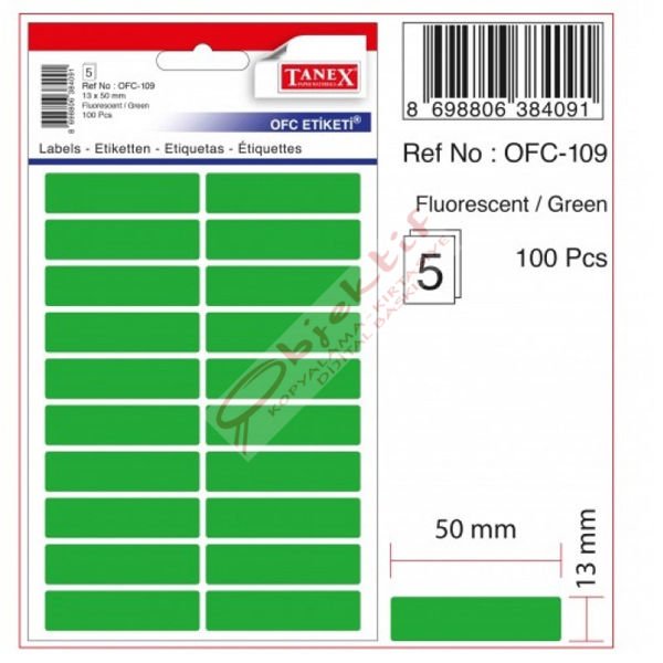 Tanex Ofis Etiketi Poşetli 13x50 MM Fosforlu Yeşil Ofc-109