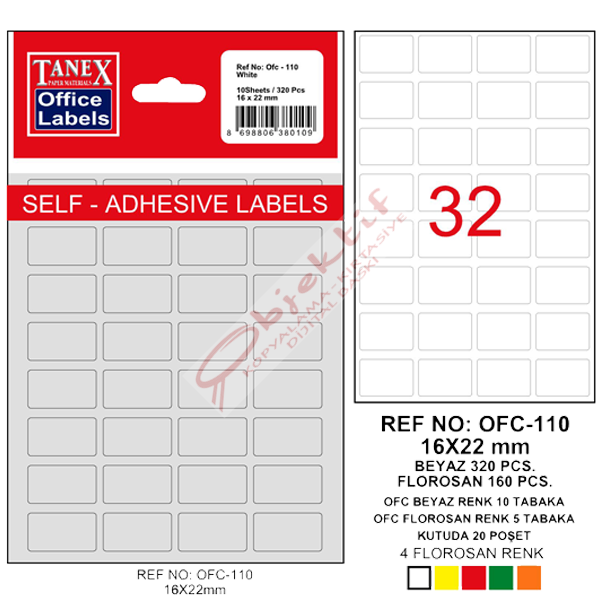 Tanex Ofis Etiketi Poşetli 16x22 MM Beyaz OFC-110