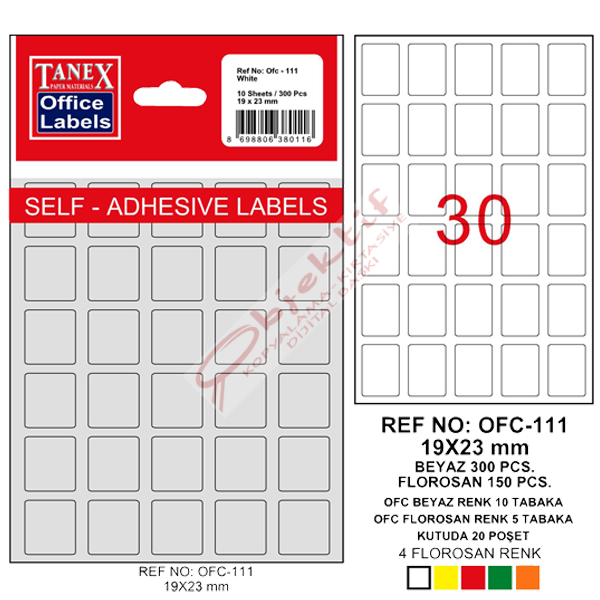 Tanex Ofis Etiketi Poşetli 19x23 MM Beyaz OFC-111
