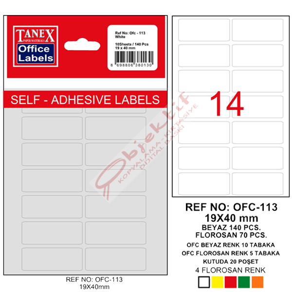 Tanex Ofis Etiketi Poşetli 19x40 MM Beyaz OFC-113