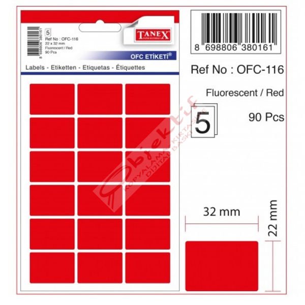 Tanex Ofis Etiketi Poşetli 22x32 MM Fosforlu Kırmızı OFC-116