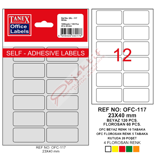 Tanex Ofis Etiketi Poşetli 23x40 MM Beyaz OFC-117