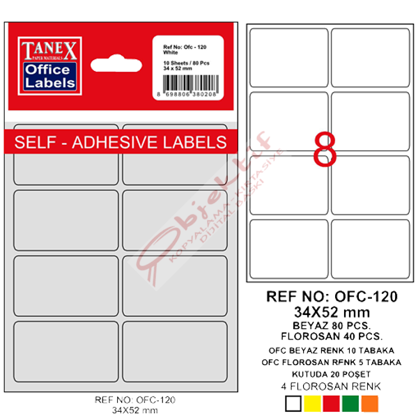 Tanex Ofis Etiketi Poşetli 34x55 MM Beyaz OFC-120