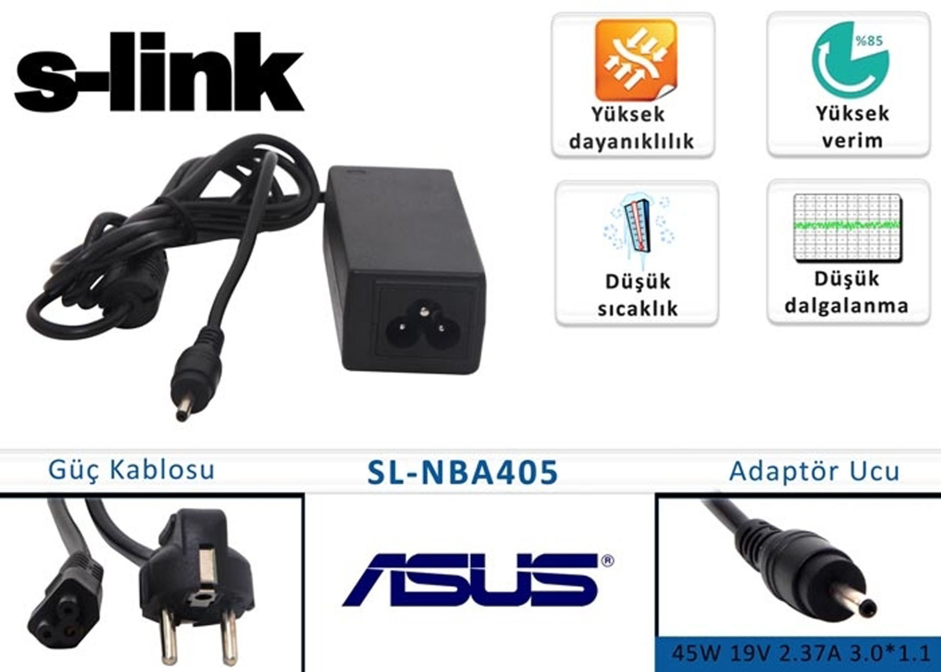 S-link Notebook Standart Adaptörü SL-nba405 45w 19v 2.37a 3.0*1.1