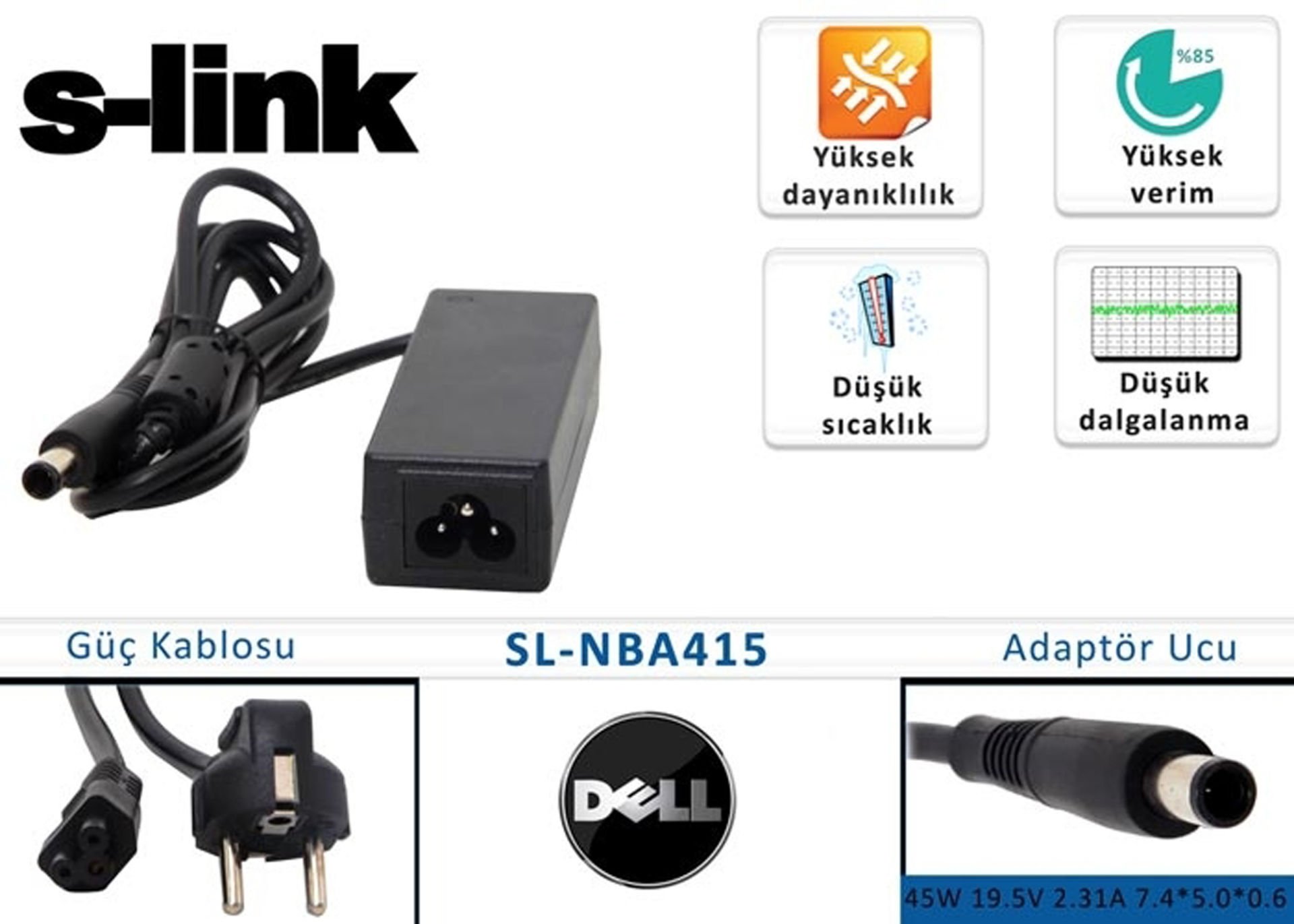 S-link Dell Notebook Adaptörü SL-NBA 415 45w 19.5v 2.31a 7.4*5.0*0.6