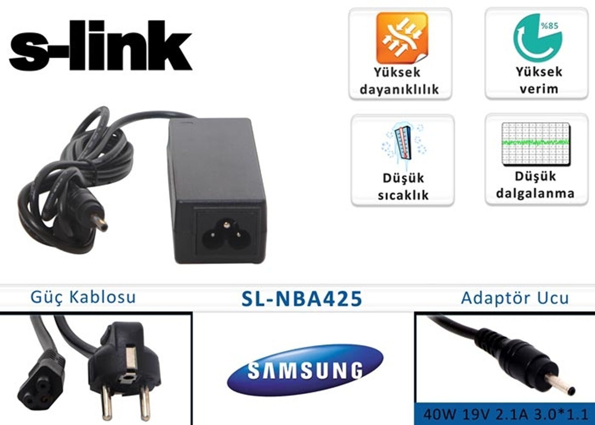 S-link Notebook Adaptörü SL-NBA425 40w 19v 2.1a 3.0-1.1 Samsung