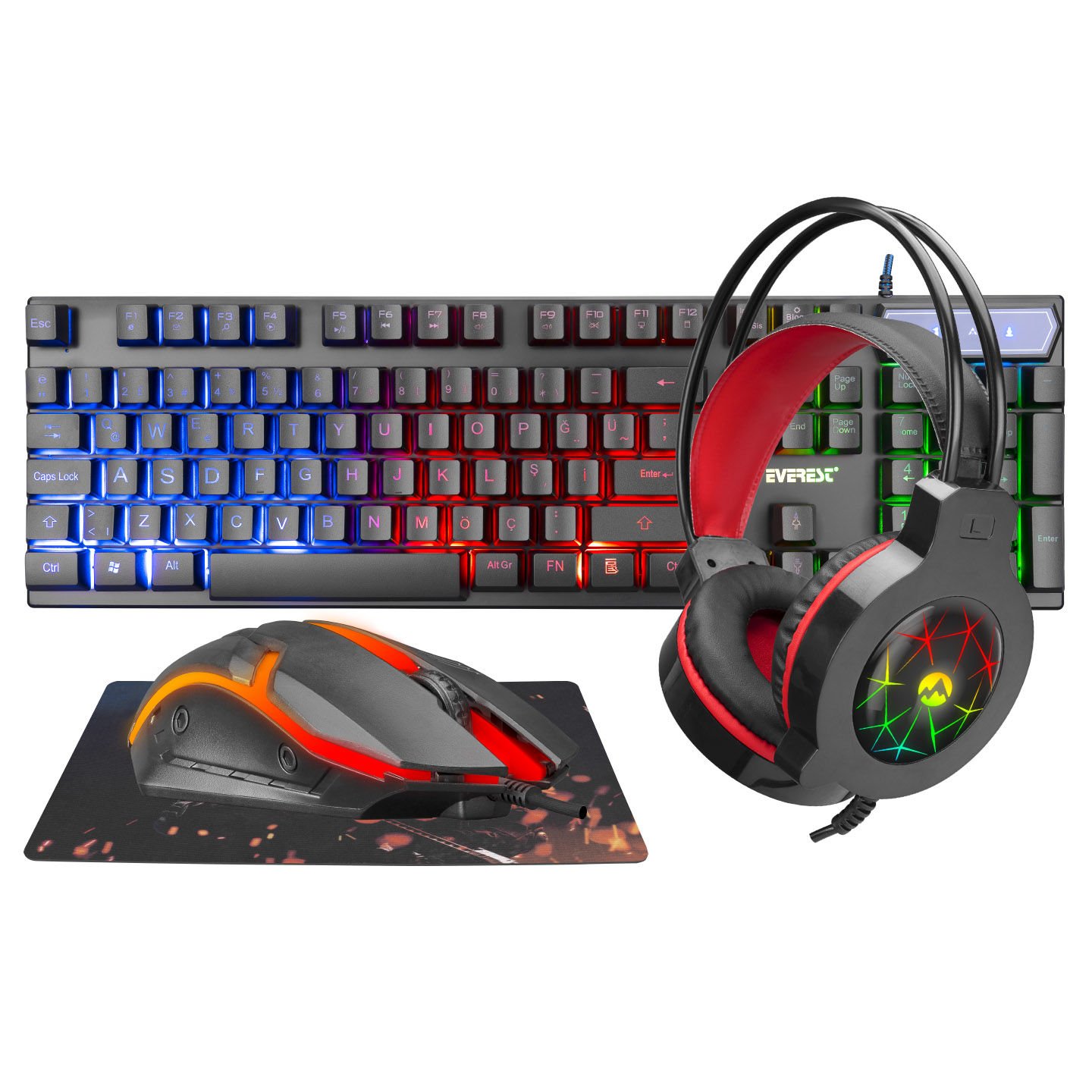 Everest KMK-91 ECO Gökkuşağı Aydınlatmalı USB Gaming Combo 4 in 1 Set Oyun Klavye+Mouse+Pad+Kulaklık