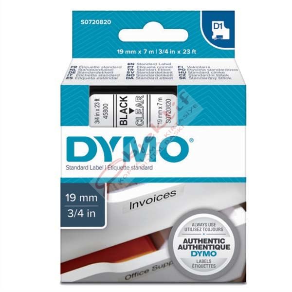 Dymo D1 Şerit Standart 19 MMx7 MT Şeffaf Üzerine Siyah 45800