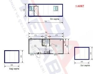 21m2. İki odalı WC+Duş+Evye'li  Yaşam Konteyner