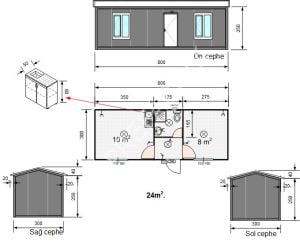 24m2. Beşik Çatılı Konteyner Antrasit -3A Prefabrik